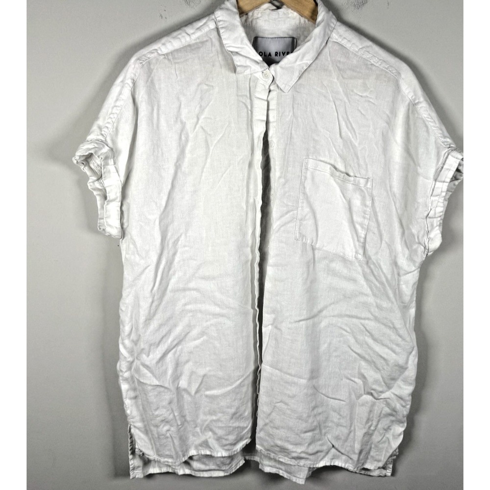 LOLA RIVER Short‎ Sleeve Linen Blend Button Up White Womens Size XL Lightweight